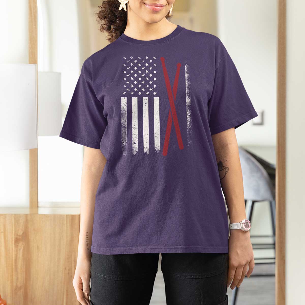 American Flag Drumsticks T Shirt For Women USA Drummers Vintage Drum Sticks - Wonder Print Shop