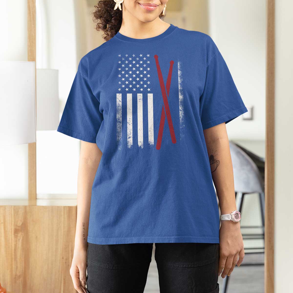 American Flag Drumsticks T Shirt For Women USA Drummers Vintage Drum Sticks - Wonder Print Shop