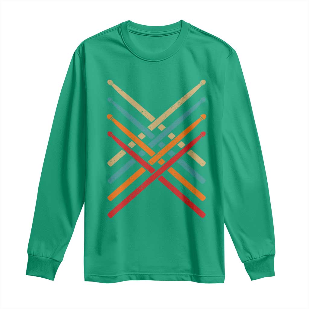 Retro Vintage Drummer Long Sleeve Shirt 70s 80s Distressed Drum Sticks - Wonder Print Shop