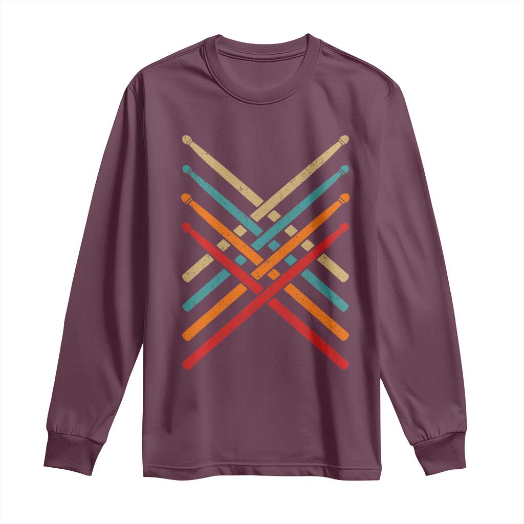 Retro Vintage Drummer Long Sleeve Shirt 70s 80s Distressed Drum Sticks - Wonder Print Shop