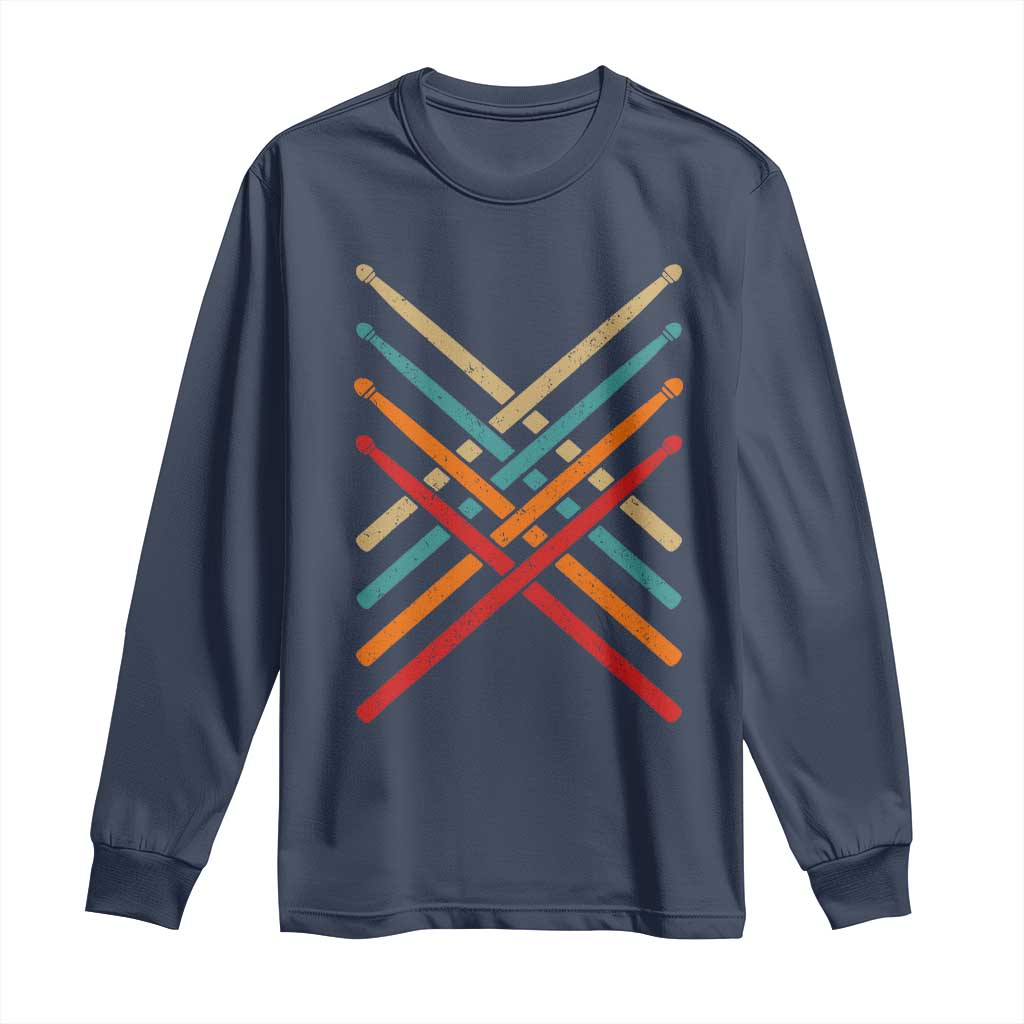 Retro Vintage Drummer Long Sleeve Shirt 70s 80s Distressed Drum Sticks - Wonder Print Shop
