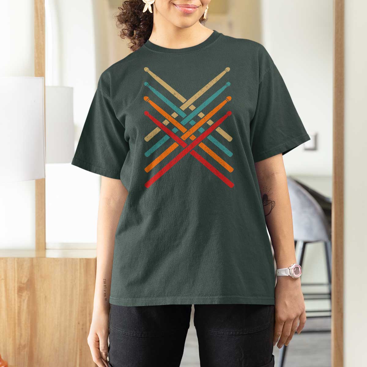 Retro Vintage Drummer T Shirt For Women 70s 80s Distressed Drum Sticks - Wonder Print Shop
