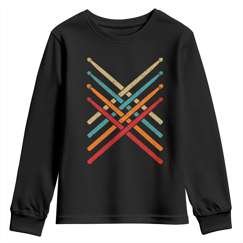 Retro Vintage Drummer Youth Sweatshirt 70s 80s Distressed Drum Sticks - Wonder Print Shop
