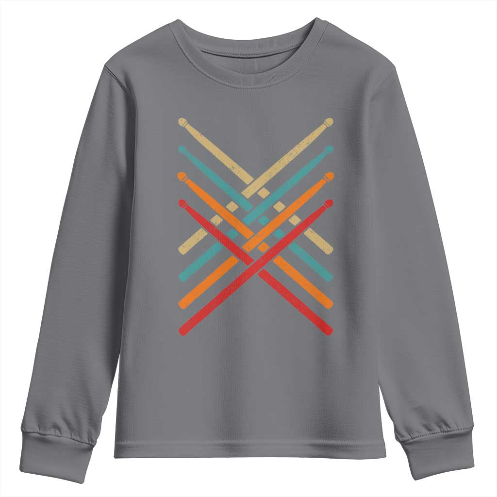Retro Vintage Drummer Youth Sweatshirt 70s 80s Distressed Drum Sticks - Wonder Print Shop