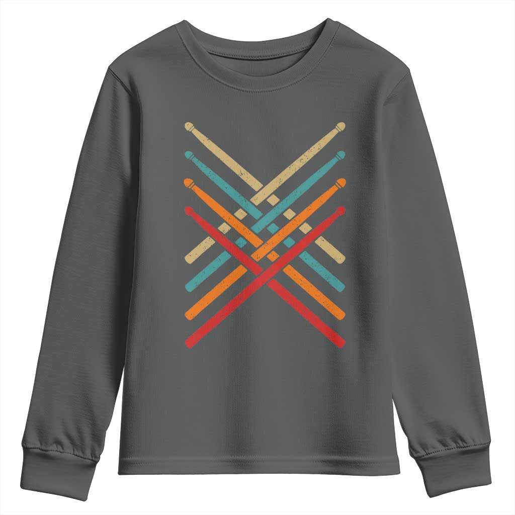 Retro Vintage Drummer Youth Sweatshirt 70s 80s Distressed Drum Sticks - Wonder Print Shop