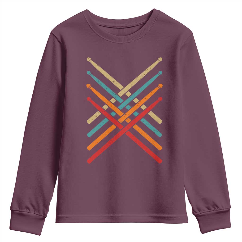 Retro Vintage Drummer Youth Sweatshirt 70s 80s Distressed Drum Sticks - Wonder Print Shop