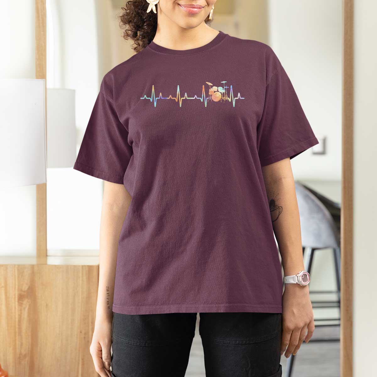 Drums Heartbeat T Shirt For Women Drummer Percussionist Silhouette - Wonder Print Shop