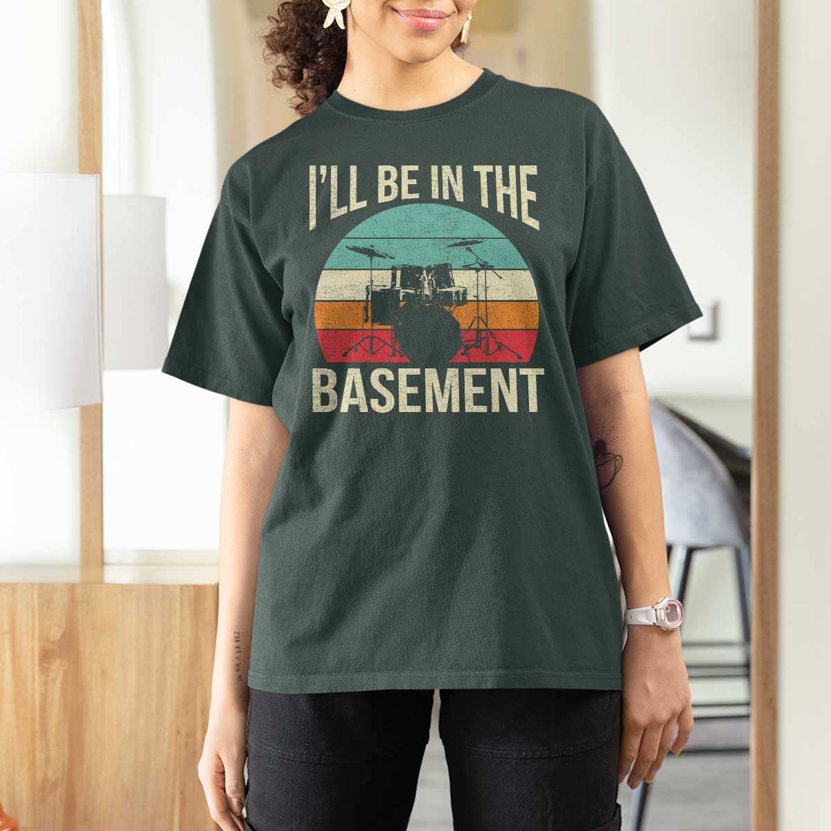 Funny Drummer T Shirt For Women Drum Set Drumming Lovers I'll Be In The Basement - Wonder Print Shop
