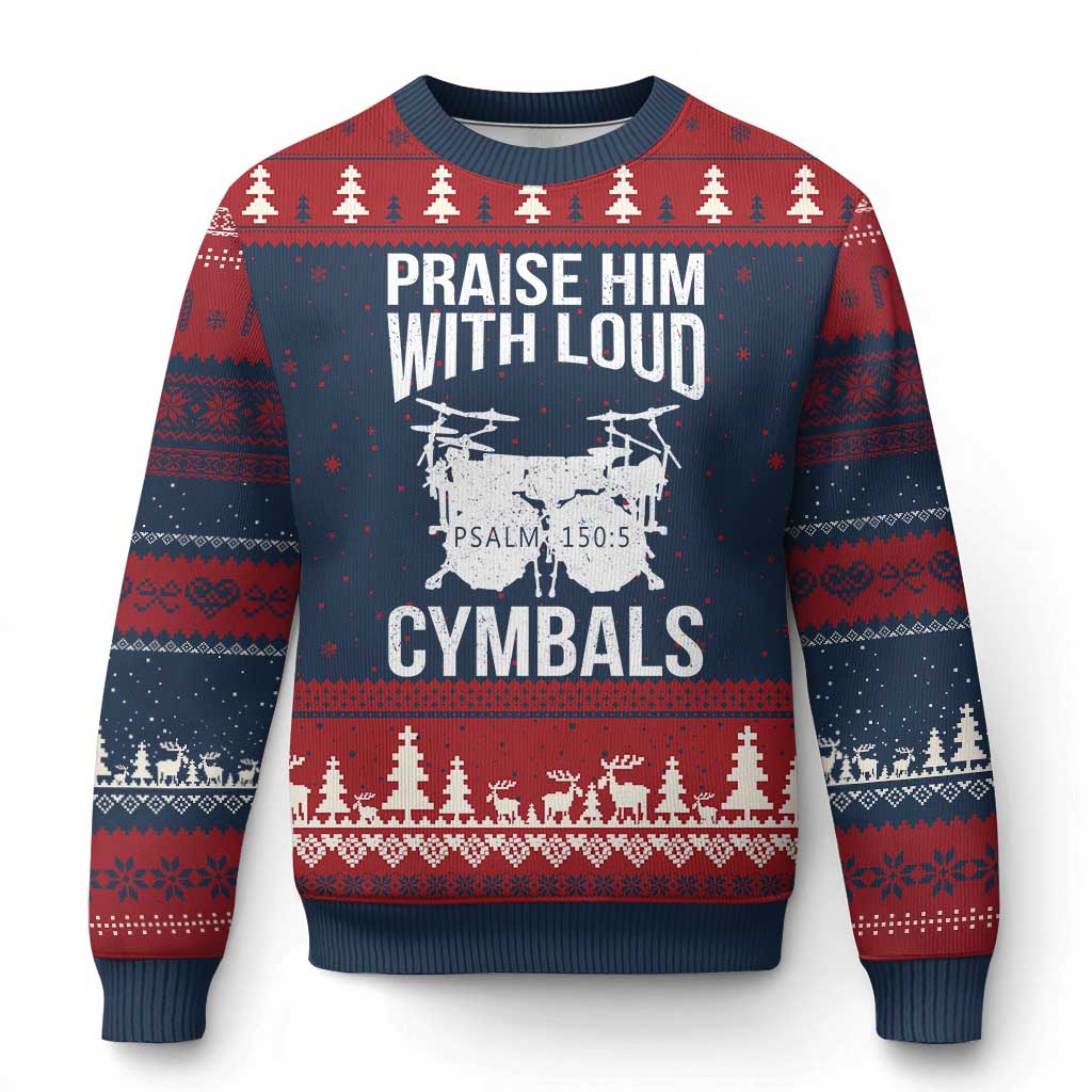Christian Drummer Ugly Christmas Sweater Praise Him With Loud Cymbals Drumming Psalm 150:3 - Wonder Print Shop