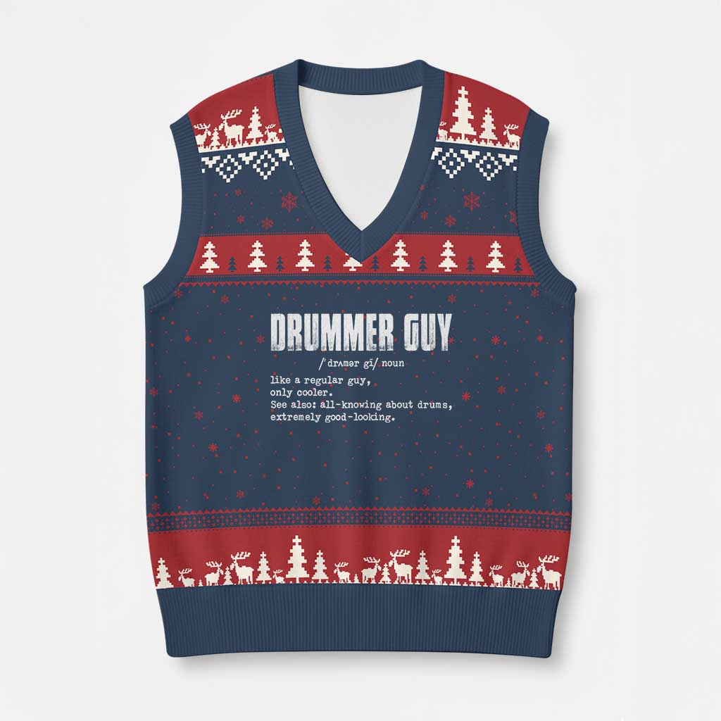 Funny Drummer Guy V-Neck Knit Sweater Vest Definition Vintage Drums Drumming - Wonder Print Shop