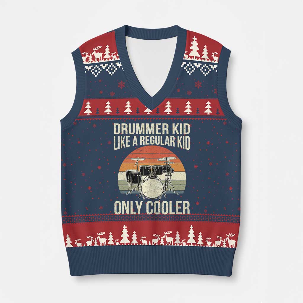 Funny Drummer Kid V-Neck Knit Sweater Vest Like A Regular Kid But Cooler Boys Girls Kids - Wonder Print Shop