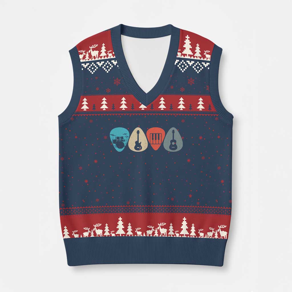 Guitar Pick V-Neck Knit Sweater Vest Retro Music Instrument - Wonder Print Shop