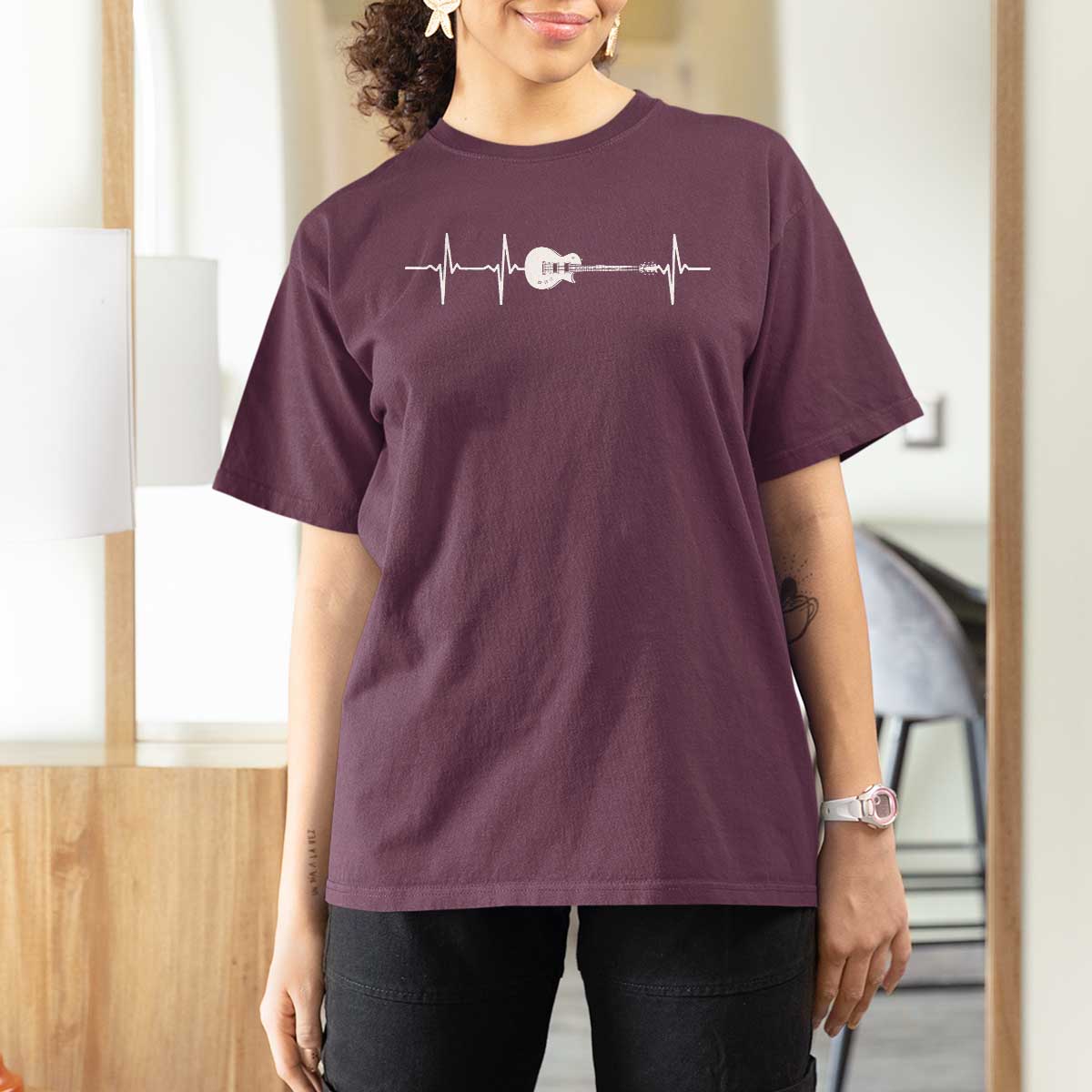 Guitar Heartbeat T Shirt For Women Funny Guitarist Guitars Music Lovers - Wonder Print Shop