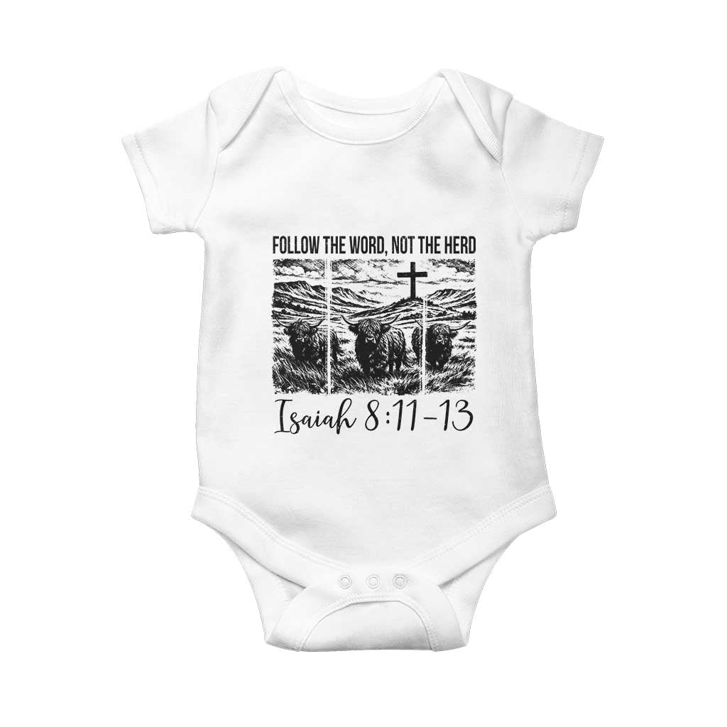 Follow the Word Not The Herd Baby Onesie Vintage Bible Verse Christian Country Highland Cow Boho - Wonder Print Shop
