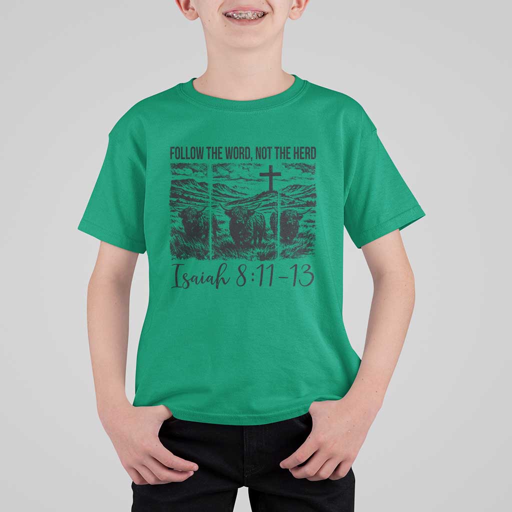 Follow the Word Not The Herd T Shirt For Kid Vintage Bible Verse Christian Country Highland Cow Boho - Wonder Print Shop