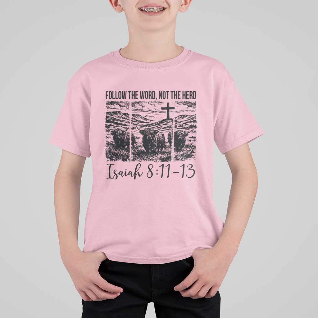 Follow the Word Not The Herd T Shirt For Kid Vintage Bible Verse Christian Country Highland Cow Boho - Wonder Print Shop