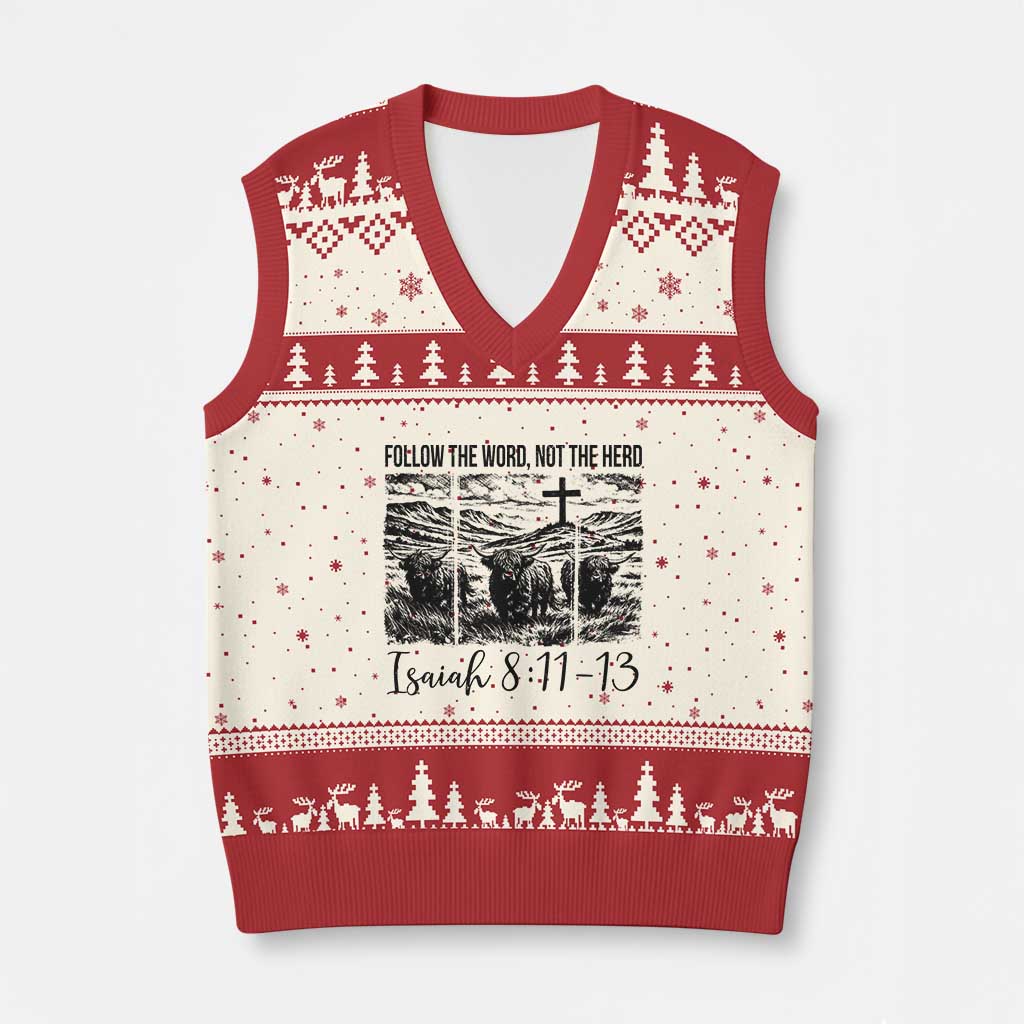 Follow the Word Not The Herd V-Neck Knit Sweater Vest Vintage Bible Verse Christian Country Highland Cow Boho - Wonder Print Shop