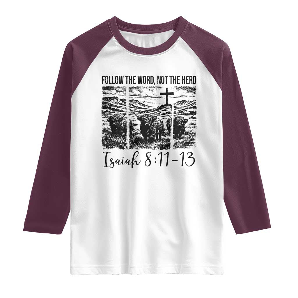 Follow the Word Not The Herd Raglan Shirt Vintage Bible Verse Christian Country Highland Cow Boho - Wonder Print Shop