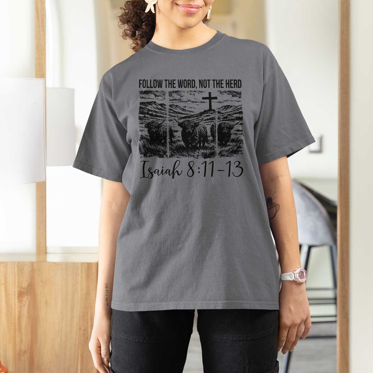 Follow the Word Not The Herd T Shirt For Women Vintage Bible Verse Christian Country Highland Cow Boho - Wonder Print Shop