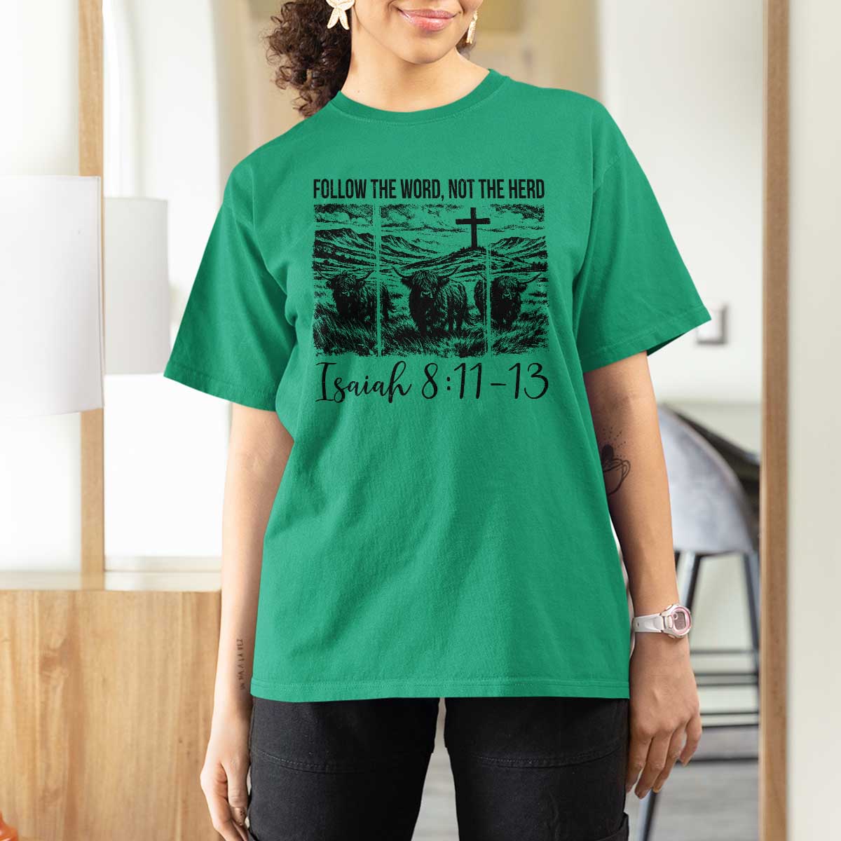 Follow the Word Not The Herd T Shirt For Women Vintage Bible Verse Christian Country Highland Cow Boho - Wonder Print Shop