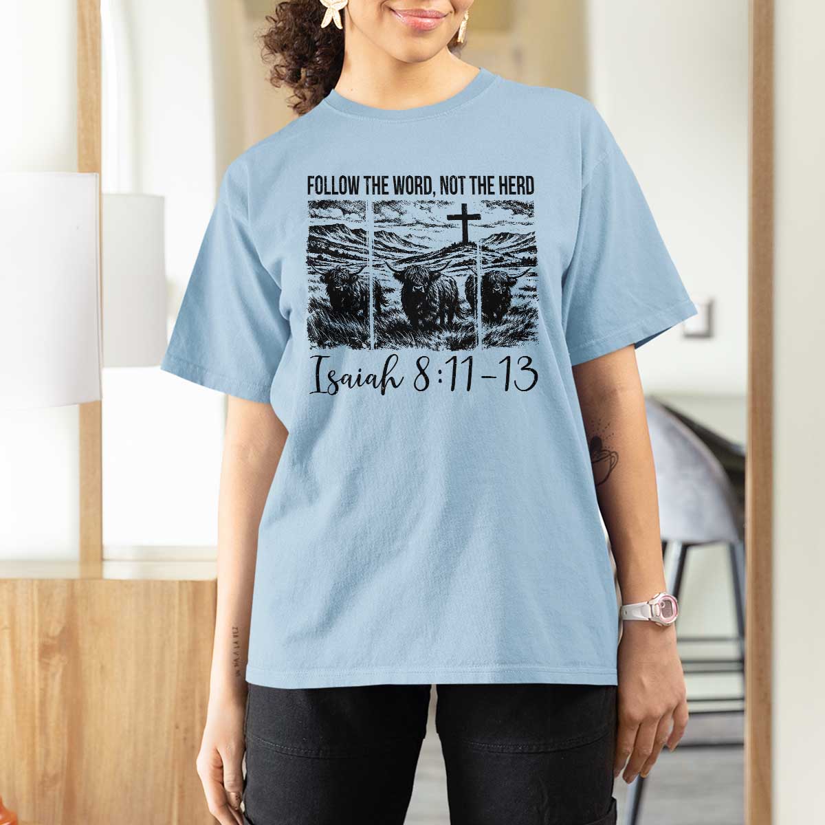 Follow the Word Not The Herd T Shirt For Women Vintage Bible Verse Christian Country Highland Cow Boho - Wonder Print Shop