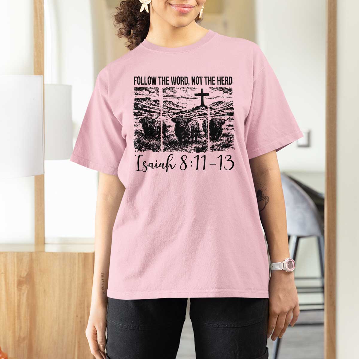 Follow the Word Not The Herd T Shirt For Women Vintage Bible Verse Christian Country Highland Cow Boho - Wonder Print Shop