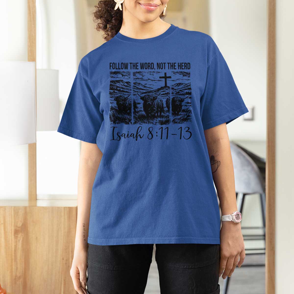 Follow the Word Not The Herd T Shirt For Women Vintage Bible Verse Christian Country Highland Cow Boho - Wonder Print Shop