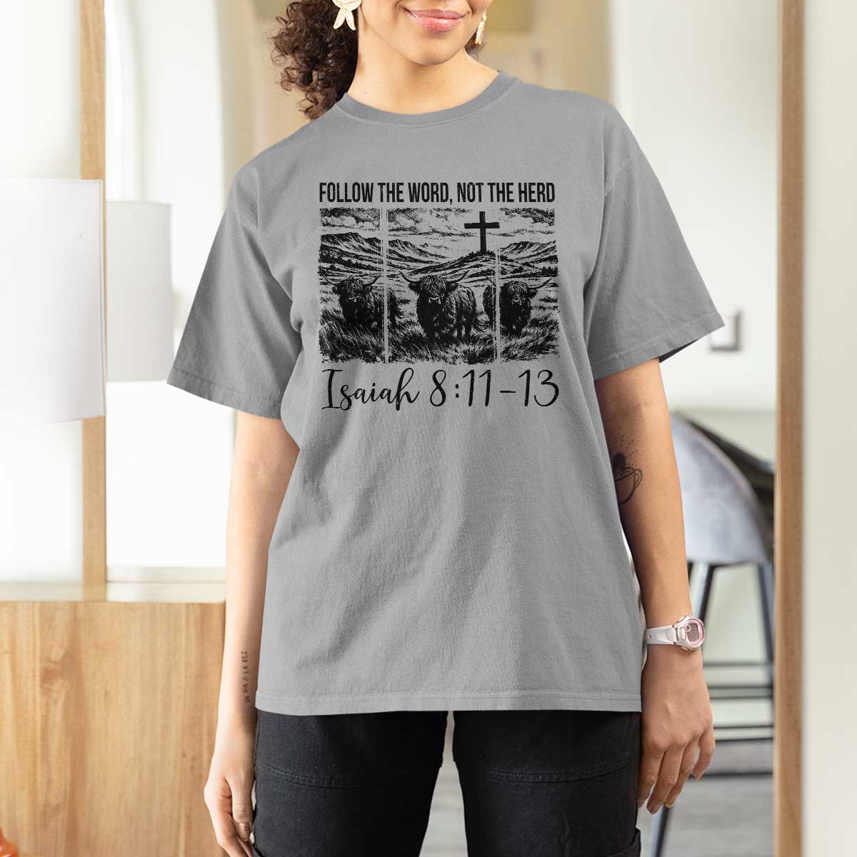 Follow the Word Not The Herd T Shirt For Women Vintage Bible Verse Christian Country Highland Cow Boho - Wonder Print Shop
