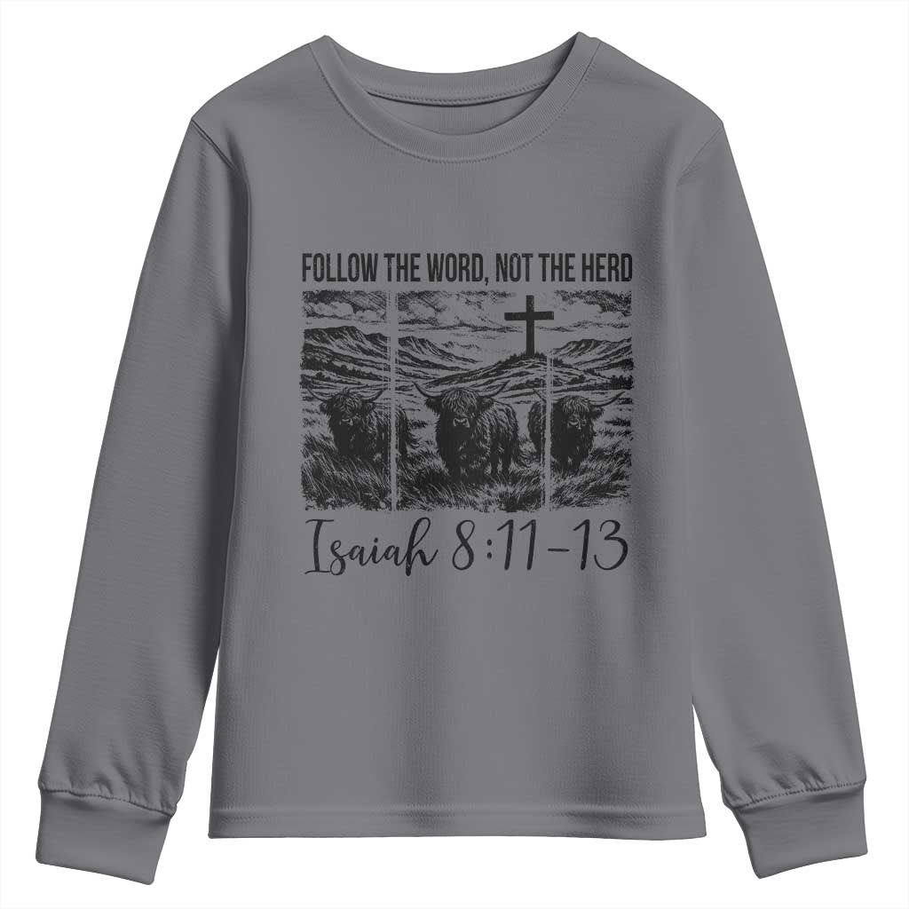 Follow the Word Not The Herd Youth Sweatshirt Vintage Bible Verse Christian Country Highland Cow Boho - Wonder Print Shop