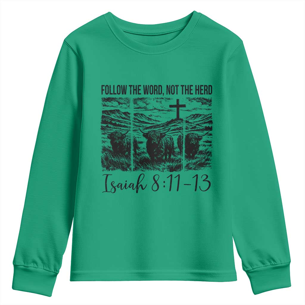 Follow the Word Not The Herd Youth Sweatshirt Vintage Bible Verse Christian Country Highland Cow Boho - Wonder Print Shop