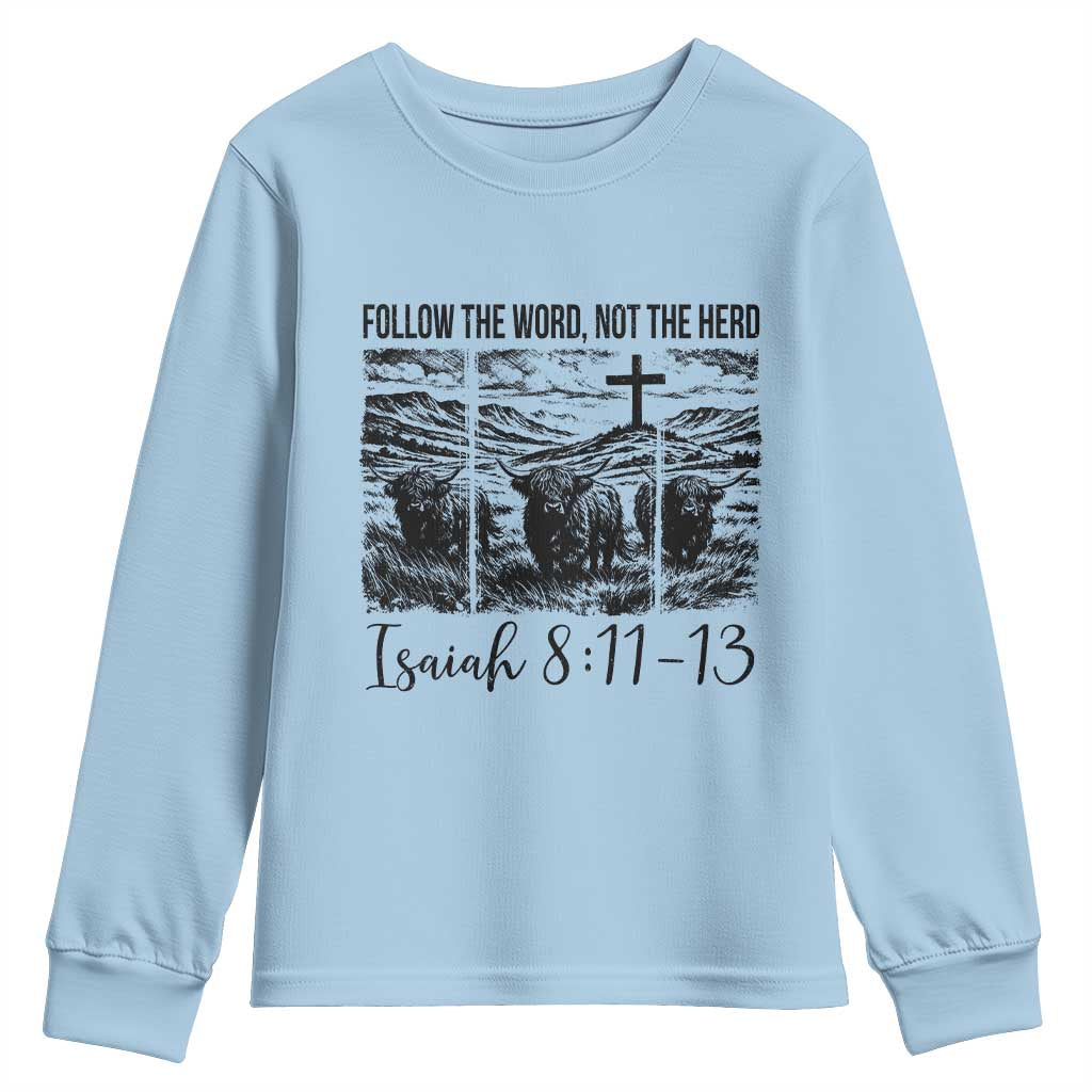 Follow the Word Not The Herd Youth Sweatshirt Vintage Bible Verse Christian Country Highland Cow Boho - Wonder Print Shop