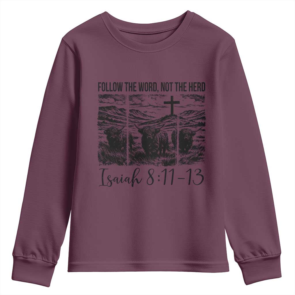 Follow the Word Not The Herd Youth Sweatshirt Vintage Bible Verse Christian Country Highland Cow Boho - Wonder Print Shop
