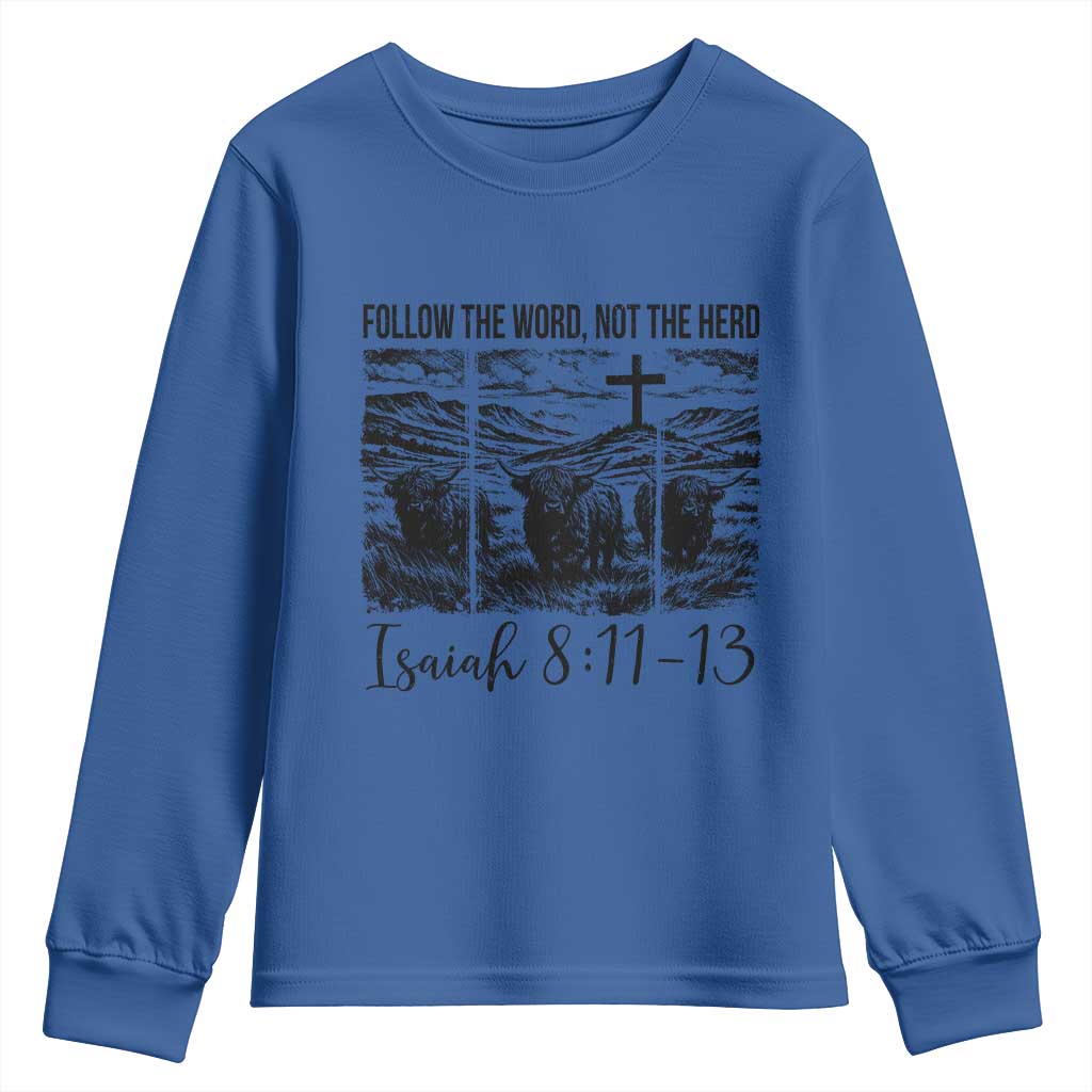 Follow the Word Not The Herd Youth Sweatshirt Vintage Bible Verse Christian Country Highland Cow Boho - Wonder Print Shop