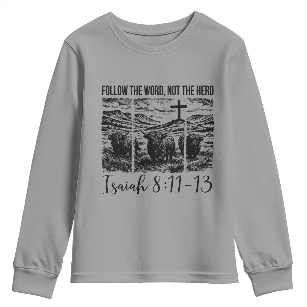 Follow the Word Not The Herd Youth Sweatshirt Vintage Bible Verse Christian Country Highland Cow Boho - Wonder Print Shop
