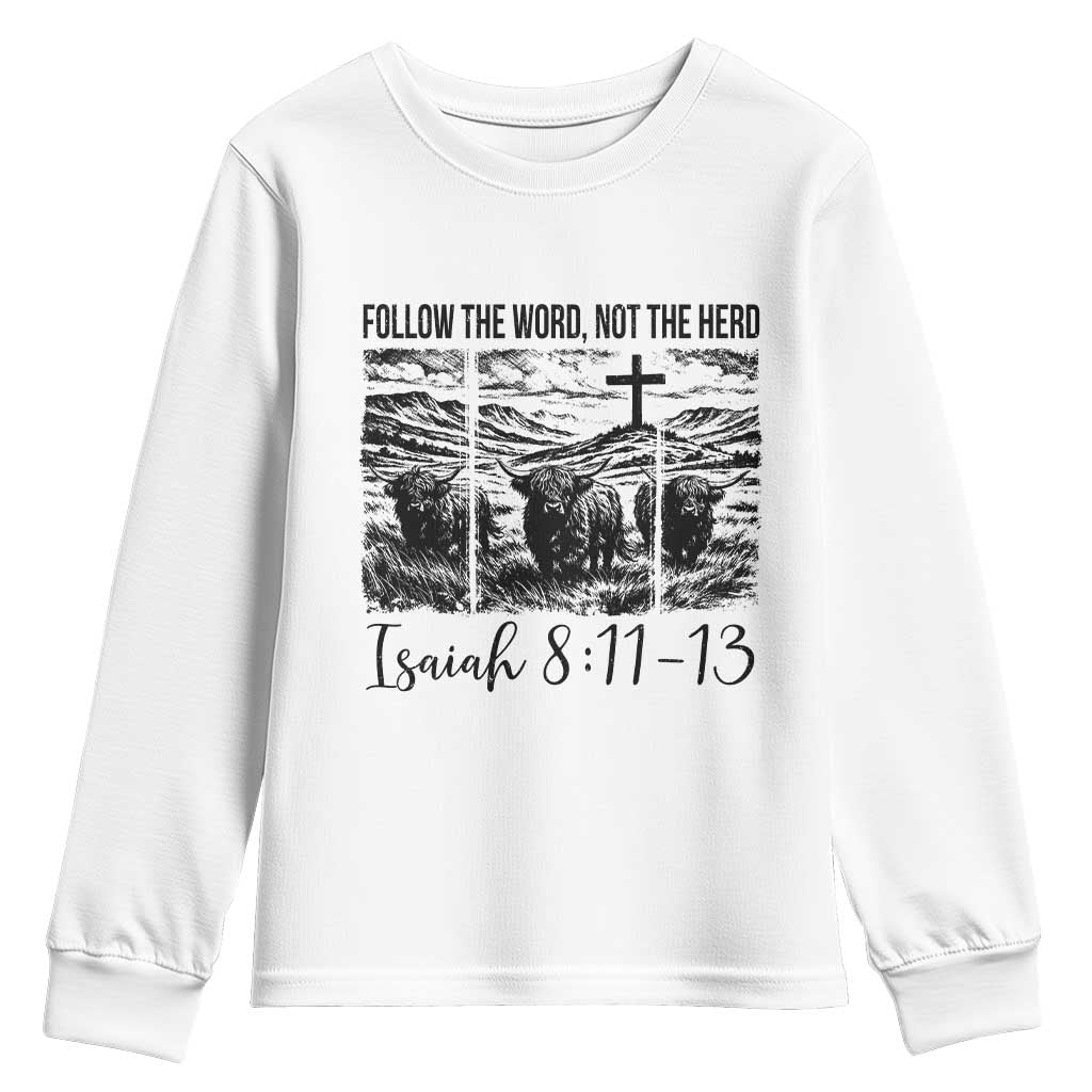 Follow the Word Not The Herd Youth Sweatshirt Vintage Bible Verse Christian Country Highland Cow Boho - Wonder Print Shop