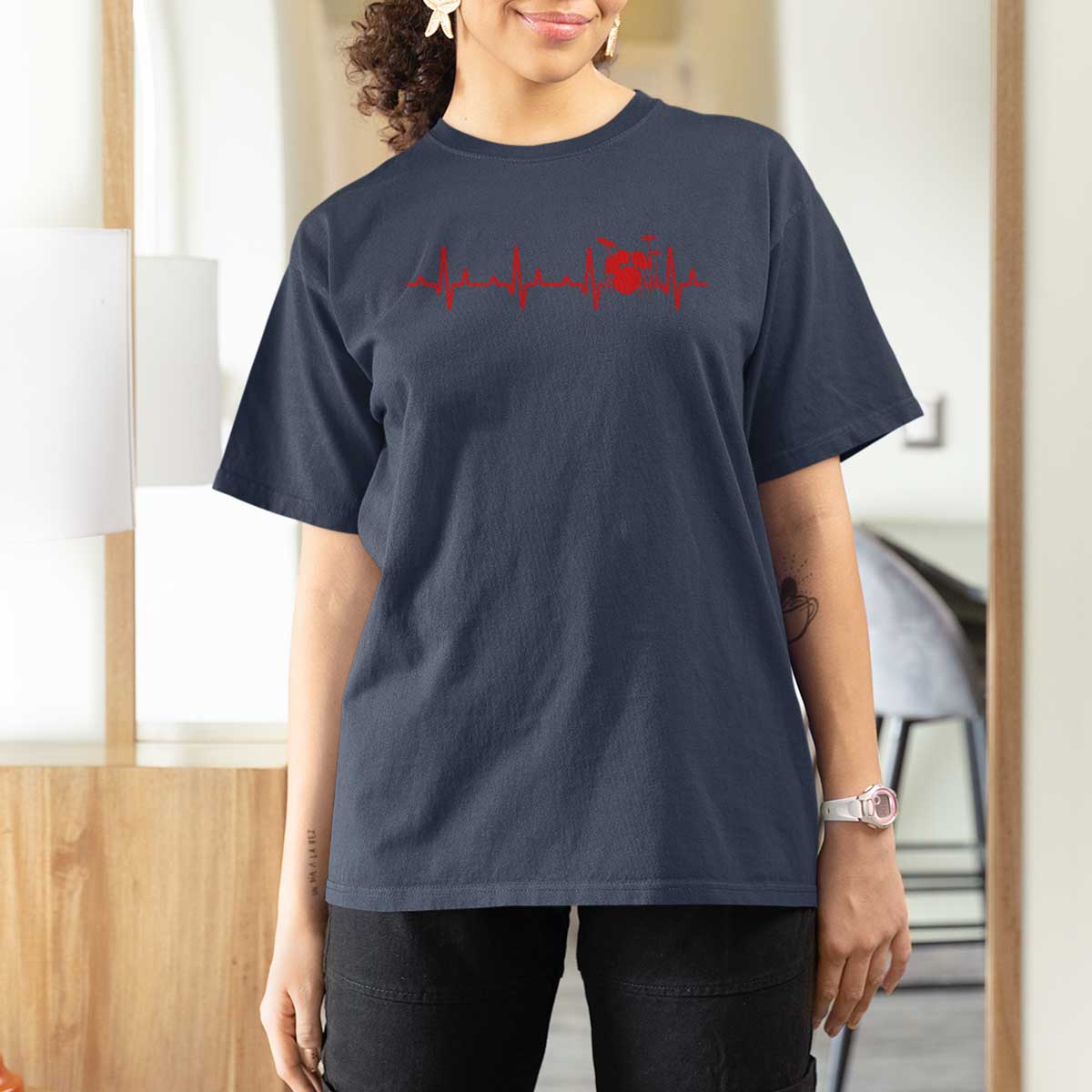 Drums Heartbeat T Shirt For Women Drummer Percussionist - Wonder Print Shop