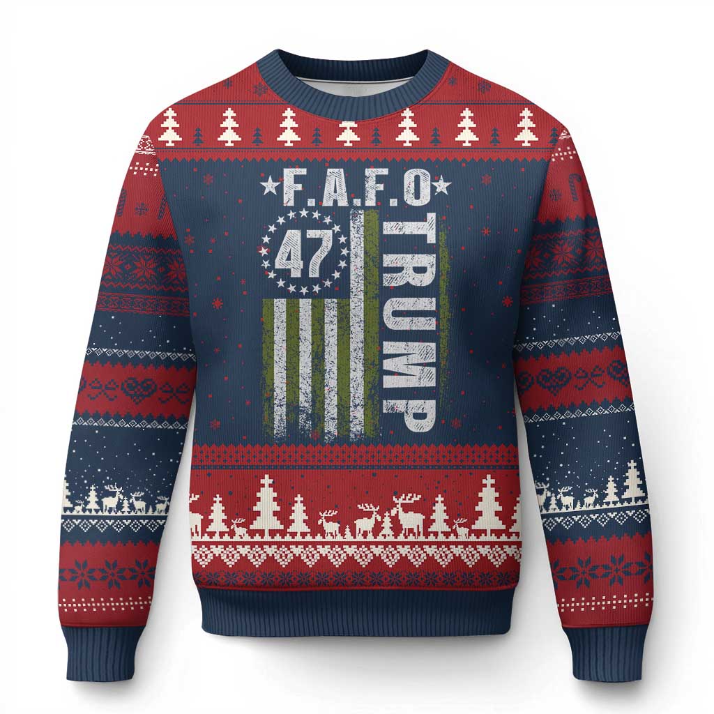 Funny Fafo Ugly Christmas Sweater President 47 FDT American Flag