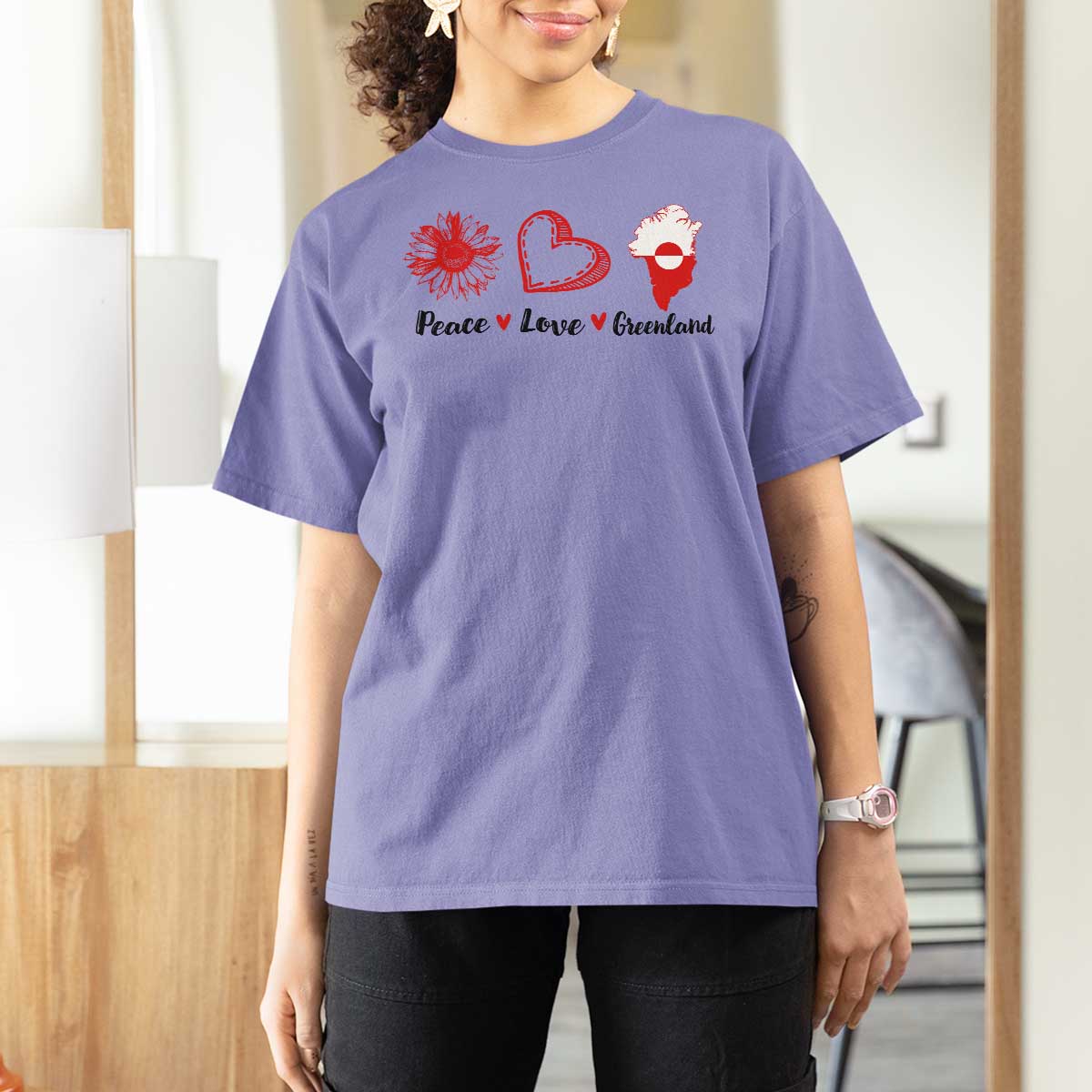 Peace Love Greenland T Shirt For Women Sunflower Flag Stand With Greenland