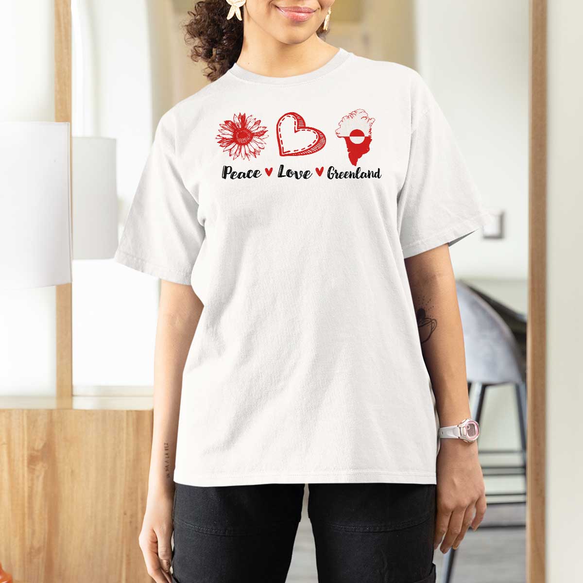 Peace Love Greenland T Shirt For Women Sunflower Flag Stand With Greenland