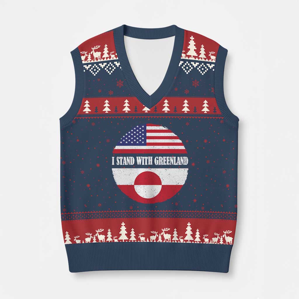 I Stand With Greenland V-Neck Knit Sweater Vest Political Protest Greenlander American Flag