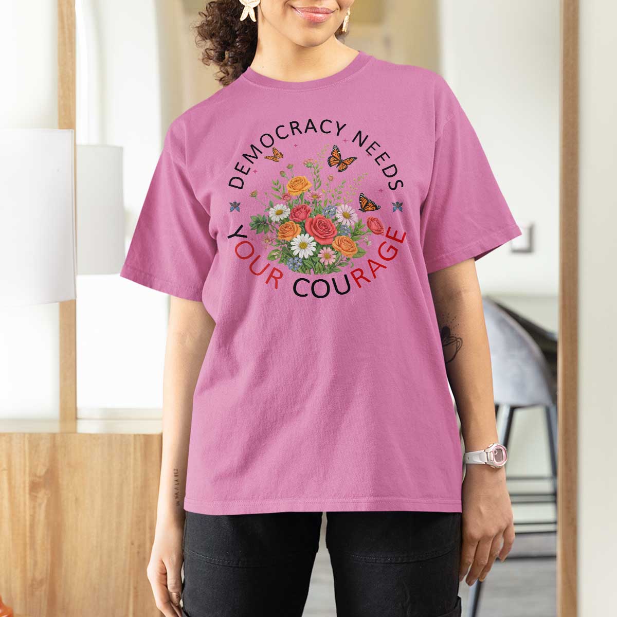 Pro Democracy T Shirt For Women Human Rights Our Rage Protest Floral FDT