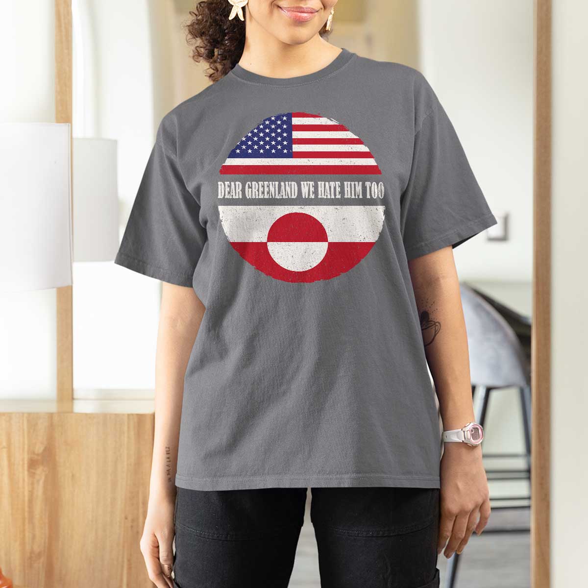 Dear Greenland We Hate Him Too T Shirt For Women Political Protest Greenlander American Flag