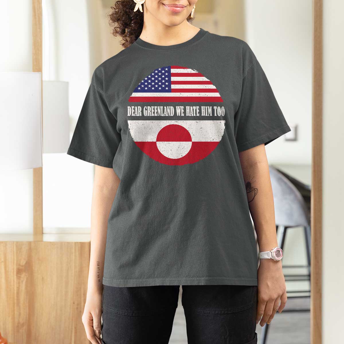 Dear Greenland We Hate Him Too T Shirt For Women Political Protest Greenlander American Flag