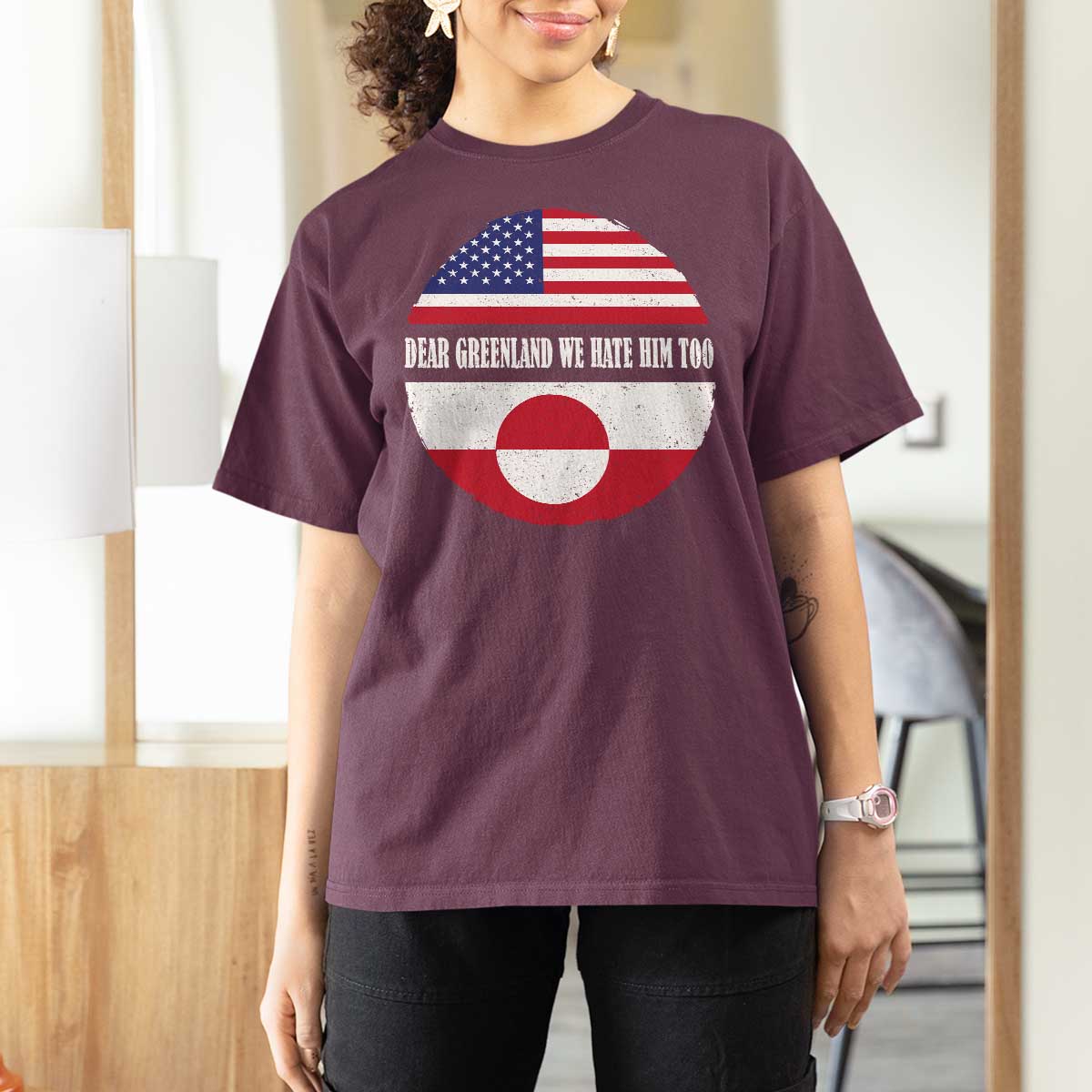 Dear Greenland We Hate Him Too T Shirt For Women Political Protest Greenlander American Flag