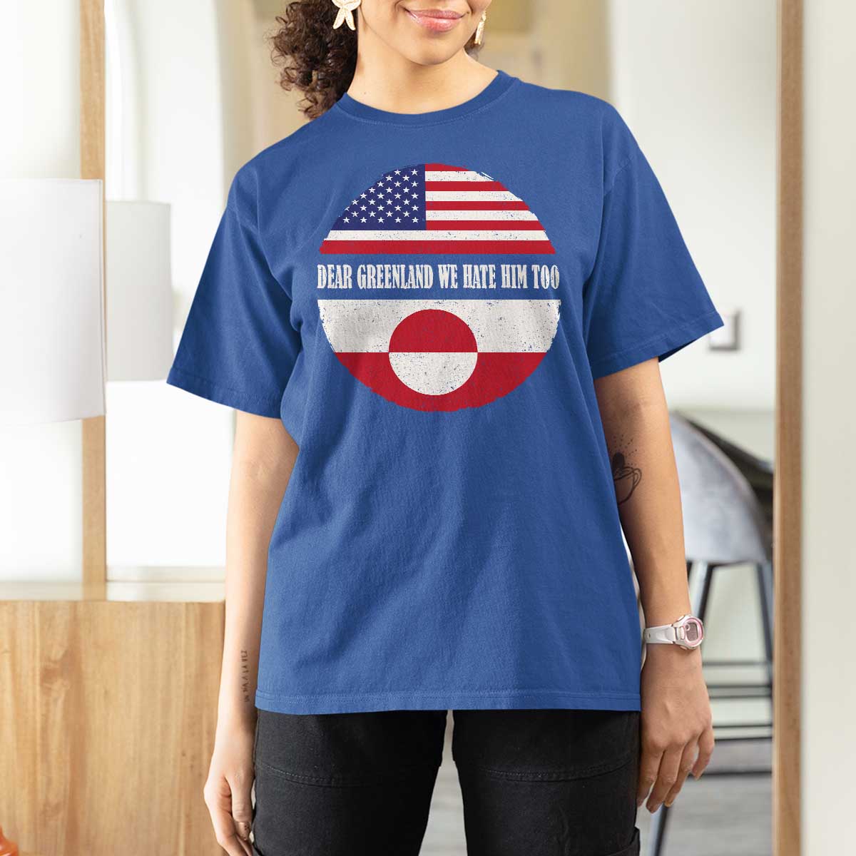 Dear Greenland We Hate Him Too T Shirt For Women Political Protest Greenlander American Flag