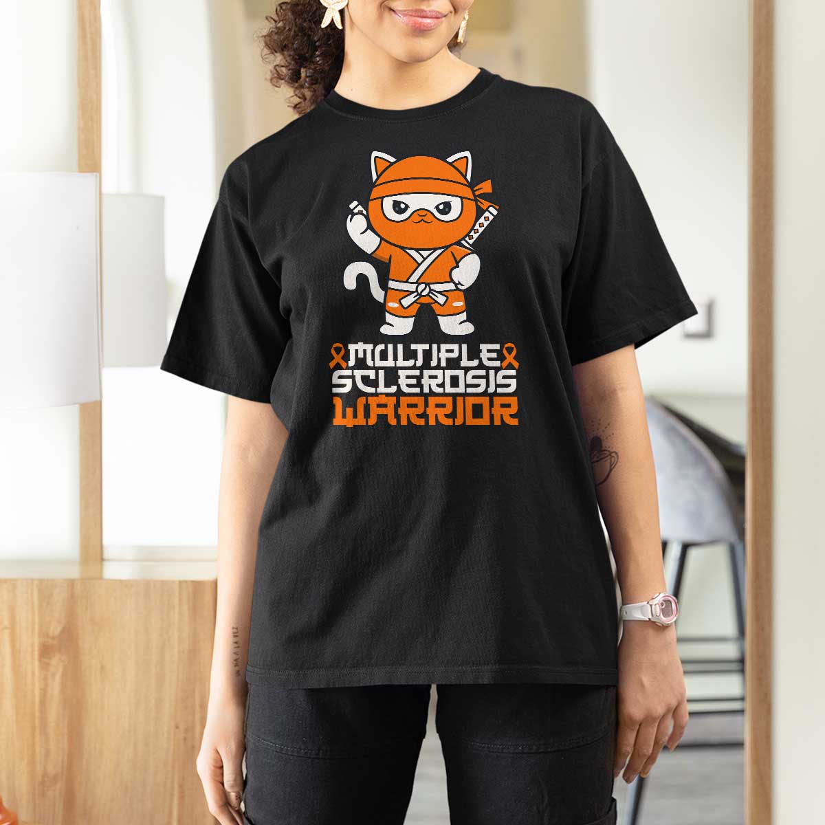 Multiple Sclerosis Warrior T Shirt For Women Orange Ribbon MS Ninja