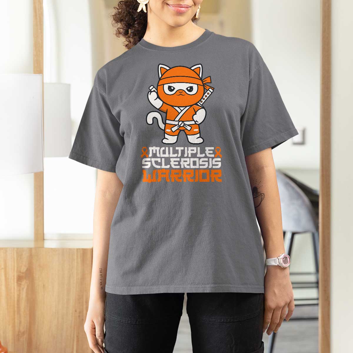 Multiple Sclerosis Warrior T Shirt For Women Orange Ribbon MS Ninja