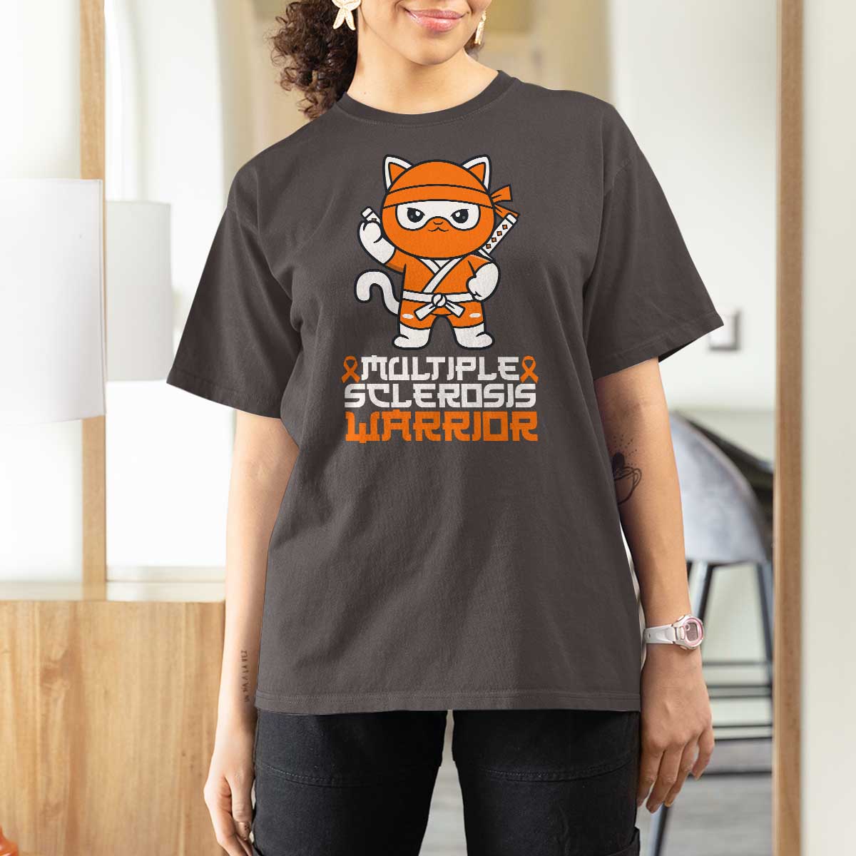 Multiple Sclerosis Warrior T Shirt For Women Orange Ribbon MS Ninja