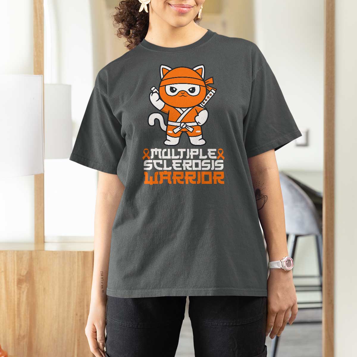 Multiple Sclerosis Warrior T Shirt For Women Orange Ribbon MS Ninja