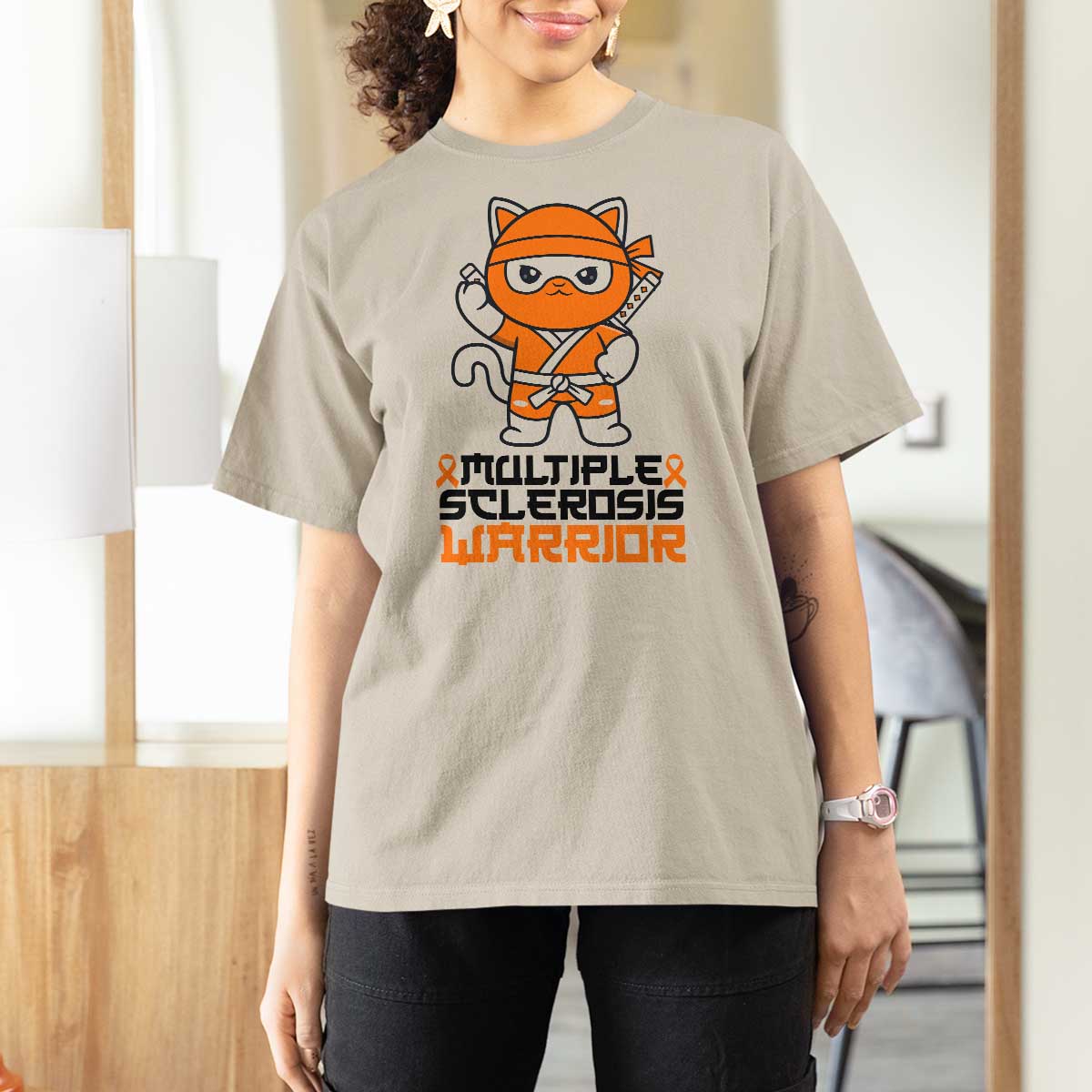 Multiple Sclerosis Awareness T Shirt For Women Orange Ribbon MS Warrior Ninja